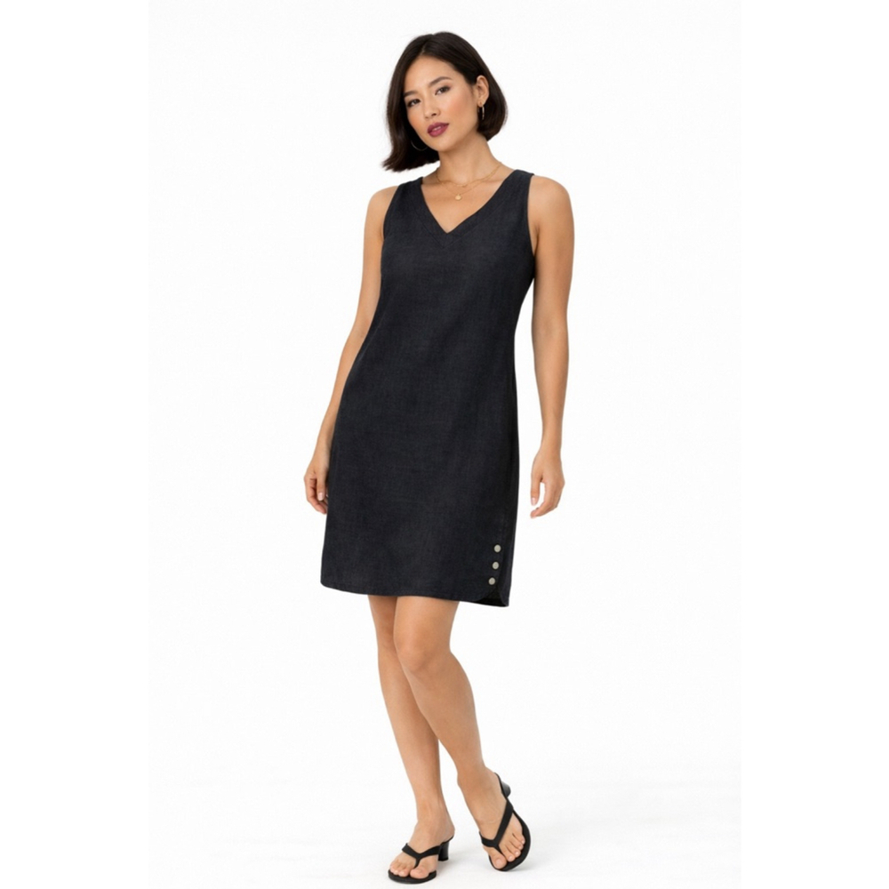 NICOLE MILLER 100% Linen V Neck Sleeveless Sheath Dress Black, Large